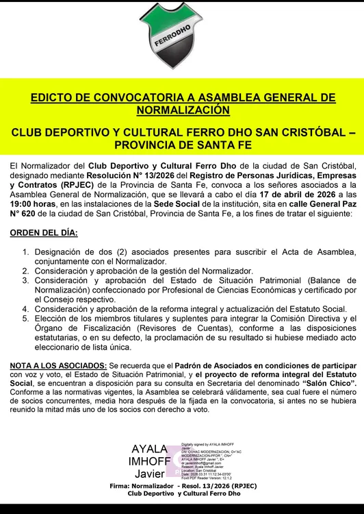 Edicto de llamado a asamblea General Eleccion de Autor